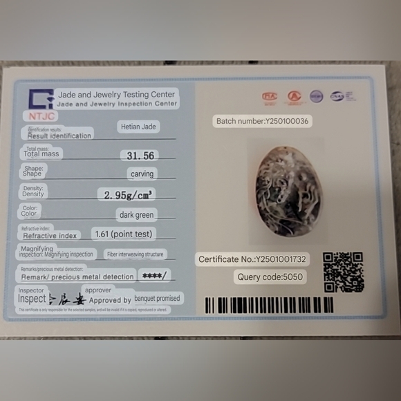 Certified Natural Gemstone Hotan Hetian Dark Green Carved Jade Pendant 53x38x8mm - Picture 6 of 9